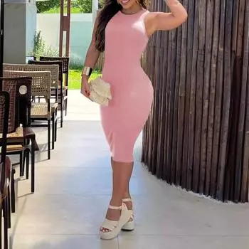 Женское платье, облегающее платье-футляр с круглым вырезом и высокой талией, без рукавов, однотонное, эластичное, длиной до колена, повседневное платье миди в повседневном стиле