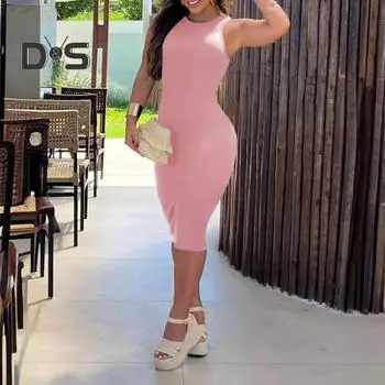 Женское платье, облегающее платье-футляр с круглым вырезом и высокой талией, без рукавов, однотонное, эластичное, длиной до колена, повседневное платье миди в повседневном стиле