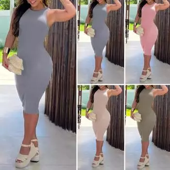 Женское платье, облегающее платье-футляр с круглым вырезом и высокой талией, без рукавов, однотонное, эластичное, длиной до колена, повседневное платье миди в повседневном стиле