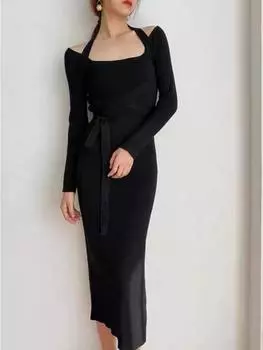 Женское платье облегающий свитер женское платье длинный рукав трикотажные платья макси винтажные платья больших размеров вязание осень S чёрный