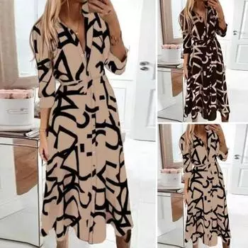 Женское платье одного цвета с лацканами на шнуровке, однобортное, со свободным подолом, с узкой талией, с длинными рукавами и пуговицами, длина до середины икры с принтом 3XL чёрный