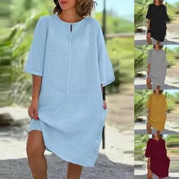 Женское платье, однотонное, модное, с круглым вырезом, повседневное, со вставкой, с сумкой, из хлопка и конопли, с пятью рукавами, женские платья S светло-синий