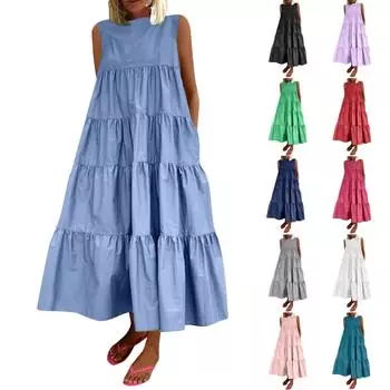 Женское платье, однотонное повседневное свободное платье без рукавов с рюшами и подолом, многоуровневое платье макси XXL чёрный