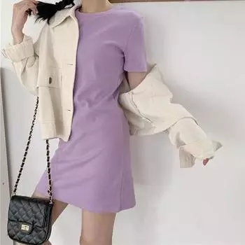 Женское платье однотонное простое летнее с круглым вырезом и коротким рукавом юбка M чёрный