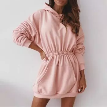 Женское платье, однотонное, с капюшоном, эластичным поясом, универсальное весеннее платье для повседневной носки M розовый