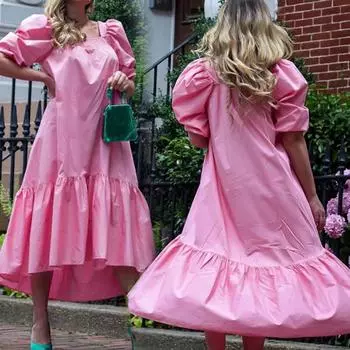 Женское платье однотонное с рукавами-фонариками, летнее платье с квадратным вырезом и оборками по подолу S розовый