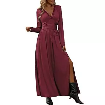 Женское платье, однотонное, с V-образным вырезом, с длинным рукавом, повседневное, с разрезом, утягивающее платье XL винный