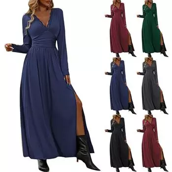 Женское платье, однотонное, с V-образным вырезом, с длинным рукавом, повседневное, с разрезом, утягивающее платье L чёрный