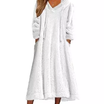 Женское платье, однотонное свободное повседневное платье с капюшоном, мягкое фланелевое теплое платье, элегантное женское платье 3XL хаки