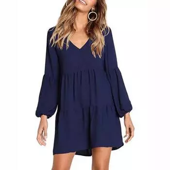 Женское платье, однотонное свободное удобное летнее платье, элегантное платье с v-образным вырезом и длинными рукавами для повседневной носки M вино красного