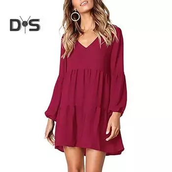 Женское платье однотонное свободное удобное летнее платье элегантное платье с V-образным вырезом и длинным рукавом для повседневной носки M вино красного