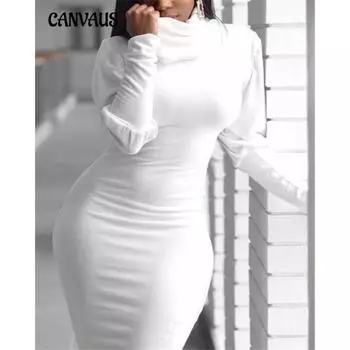Женское платье осень новое сексуальное платье с высоким воротом и длинными рукавами облегающее платье с бедрами XS белый