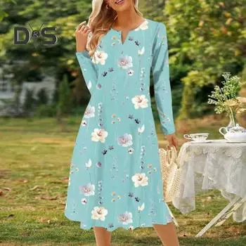 Женское платье осень-весна с цветочным принтом А-силуэта с V-образным вырезом, декором на пуговицах, длинным рукавом, мягким свитером длиной до середины голени, женским платьем миди для свиданий и вечеринок XL серый