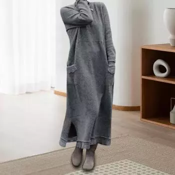 Женское платье осень-весна с карманами, свободные длинные рукава, разрез по низу M темно-серого