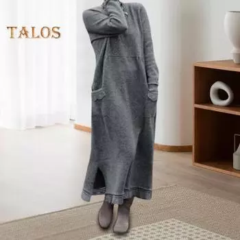 Женское платье осень-весна с карманами, свободные длинные рукава, разрез по низу, чистый цвет, большие размеры, трикотажная кружевная отделка, повседневное платье макси M