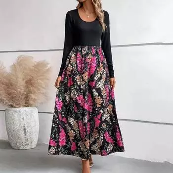 Женское платье осень-весна с круглым вырезом, длинным рукавом, в стиле пэчворк, с цветочным принтом, подходящим по цвету, А-силуэт, плиссированное, длиной до щиколотки, женское макси-платье 2XL чёрный