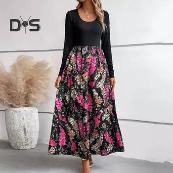 Женское платье осень-весна с круглым вырезом, длинным рукавом, в стиле пэчворк, с цветочным принтом, подходящим по цвету, А-силуэт, плиссированное, длиной до щиколотки, женское макси-платье 2XL чёрный