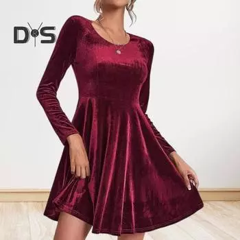 Женское платье осень-весна с круглым вырезом, А-силуэта, большой размер, однотонное, с длинными рукавами, из бархатной ткани, длиной выше колена, короткое платье для свиданий, выпускных вечеринок S вино красного