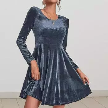 Женское платье осень-весна с круглым вырезом А-силуэта с длинными рукавами, сплошной цвет S вино красного