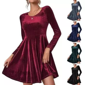 Женское платье осень-весна с круглым вырезом, А-силуэта, большой размер, однотонное, с длинными рукавами, из бархатной ткани, длиной выше колена, короткое платье для свиданий, выпускных вечеринок S синий