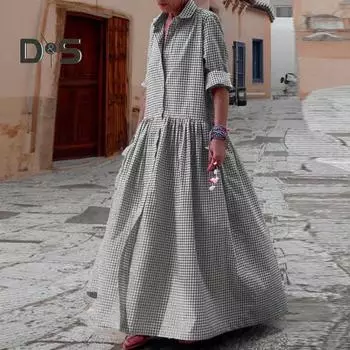 Женское платье осень-весна с лацканами, клетчатым принтом, А-силуэтом, большим подолом, длинным рукавом, однобортное, плиссированное, свободное, мягкое, повседневное, полной длины, женское макси-платье L розовый