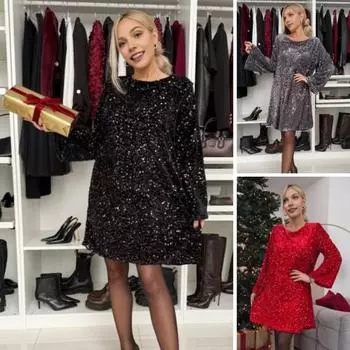 Женское платье осень-весна с мерцающими пайетками, круглым вырезом, большим бантом, свободным А-силуэтом, длиной выше колена, мини-платьем для выпускного, банкета и свидания M красный