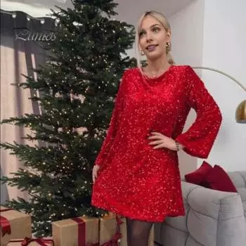 Женское платье осень-весна с мерцающими пайетками, круглым вырезом, большим бантом, свободным А-силуэтом, длиной выше колена, мини-платьем для выпускного, банкета и свидания M чёрный