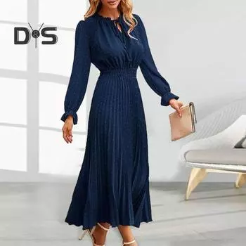 Женское платье осень-весна с принтом в горошек, плиссированное, с высокой талией, длинным рукавом, присборенным воротником, шнуровкой, V-образным вырезом, длиной до середины голени, женское платье миди XL кирпич красный