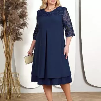 Женское платье осень-весна с прозрачной сеткой и круглым вырезом, размер плюс, лоскутное платье с аппликацией из свободных листьев, рукав до локтя, элегантное платье миди для выпускного вечера L темно-зеленого