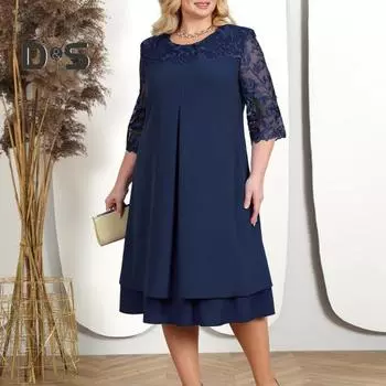 Женское платье осень-весна с прозрачной сеткой и круглым вырезом, размер плюс, лоскутное платье с аппликацией из свободных листьев, рукав до локтя, элегантное платье миди для выпускного вечера L темно-зеленого