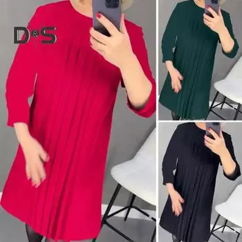 Женское платье осень-весна с прозрачной сеткой, длинными рукавами, свободным круглым вырезом, однотонное плиссированное платье длиной до колена, мягкий пуловер, миди-платье XL чёрный