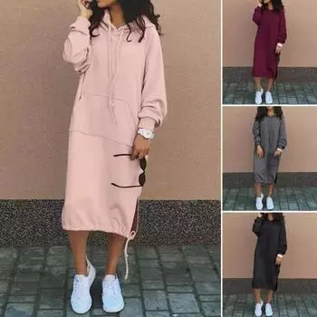Женское платье осень-весна с регулируемым подолом, затягивающимся шнурком, капюшоном, разрезом по низу, накладным карманом, свободное однотонное платье миди с длинными рукавами, плотное платье S серый