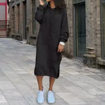 Женское платье осень-весна с регулируемым подолом, завязками на шнурке, капюшоном, разрезом на подоле M вино красного