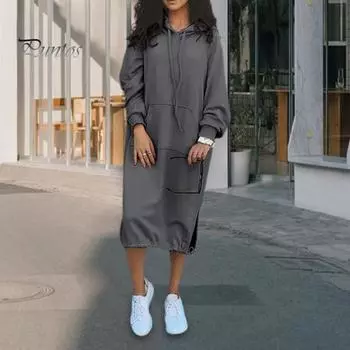 Женское платье осень-весна с регулируемым подолом, затягивающимся шнурком, капюшоном, разрезом по низу, накладным карманом, свободное однотонное платье миди с длинными рукавами, плотное платье S чёрный