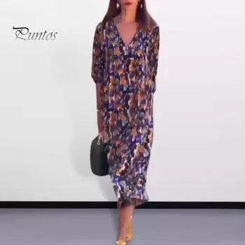 Женское платье осень-весна с V-образным вырезом и рукавами-фонариками три четверти, свободное платье-миди в стиле ретро для поездок на работу и свиданий XL