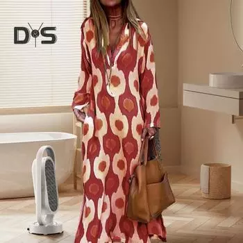 Женское платье осень-весна с V-образным вырезом, лацканами, длинными рукавами, цветным принтом, свободный свитер, мягкий разрез по подолу, А-силуэт, свободное винтажное женское макси-платье 2XL красный