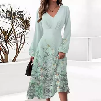 Женское платье осень-весна с V-образным вырезом, длинным рукавом, цветочным принтом, А-силуэтом, свободным подолом, большим качелем, высокой талией, женское выпускное платье миди 3XL серый