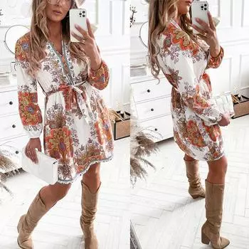 Женское платье осень-весна с V-образным вырезом и длинным рукавом, цветочным принтом, на шнуровке, с узкой талией, А-силуэта, мини-платье для свиданий S оранжевый