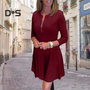 Женское платье осень-весна с застежкой-молнией, круглым вырезом, однотонное, с длинным рукавом, А-силуэт, облегающее, мягкое, дышащее, длиной выше колена, мини-платье 2XL зелёный