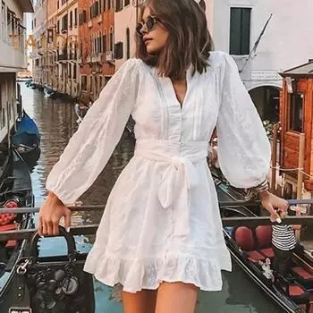 Женское платье осень-весна со шнуровкой, узкая талия, однотонное, трапециевидное, однобортное, с длинными рукавами, V-образным вырезом, оборками по низу, мини-платье для свиданий и путешествий S белый