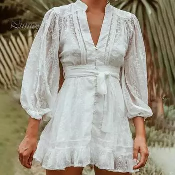 Женское платье осень-весна со шнуровкой, узкая талия, однотонное, трапециевидное, однобортное, с длинными рукавами, V-образным вырезом, оборками по низу, мини-платье для свиданий и путешествий S белый