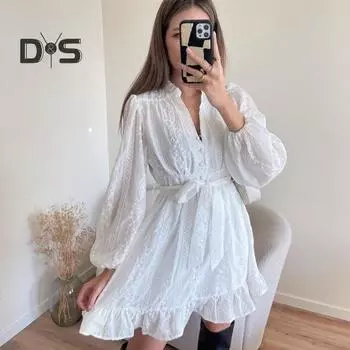 Женское платье осень-весна со шнуровкой, узкая талия, однотонное, трапециевидное, однобортное, с длинными рукавами, V-образным вырезом, оборками по низу, мини-платье для свиданий и путешествий S белый