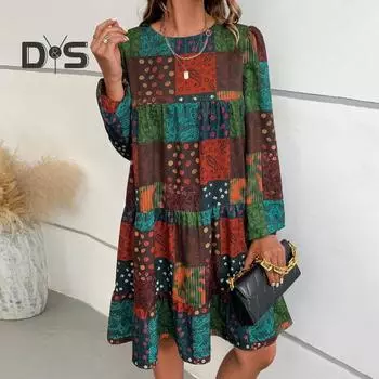Женское платье осень-весна в стиле пэчворк с цветным принтом, с длинным рукавом, в стиле бохо, с круглым вырезом, свободный силуэт, с оборками, большой качели, мягкий пуловер, длина выше колена, мини-платье S разноцветный