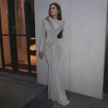 Женское платье осень/зима 2025 года, серебристое, облегающее, с длинными рукавами, с сексуальным ажурным дизайном Small серебряный