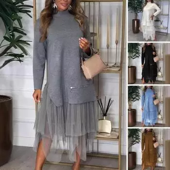 Женское платье осень-зима, имитация двух частей, лоскутное, неровный сетчатый подол, полувысокий воротник, А-силуэт, миди, платье с длинным рукавом, молнией, декор, вечернее платье L темно-коричневого