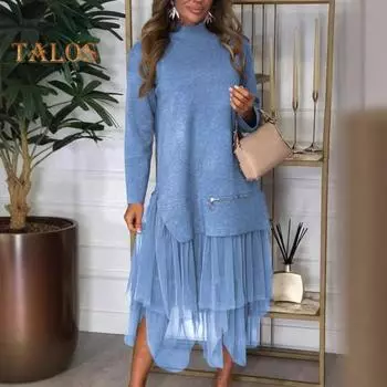 Женское платье осень-зима, имитация двух частей, лоскутное, неровный сетчатый подол, полувысокий воротник, А-силуэт, миди, платье с длинным рукавом, молнией, декор, вечернее платье XXL белый