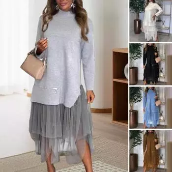 Женское платье осень-зима из двух частей в стиле пэчворк с неровным сетчатым подолом, полувысоким воротником, платье-трапеция миди с длинным рукавом, декорированное молнией, вечернее платье L белый