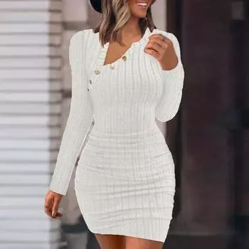 Женское платье осень-зима, обтягивающее, с длинными рукавами, декором из пуговиц, полосатым косым вырезом, мягким облегающим пуловером длиной выше колена, весеннее мини-платье 2XL чёрный