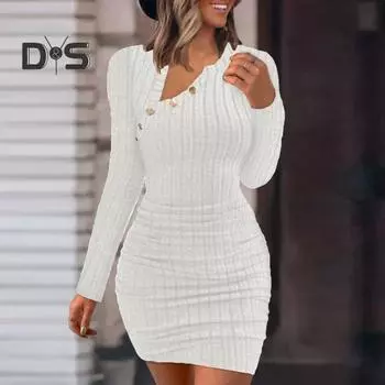 Женское платье осень-зима, обтягивающее, с длинными рукавами, декором из пуговиц, полосатым косым вырезом, мягким облегающим пуловером длиной выше колена, весеннее мини-платье 2XL чёрный