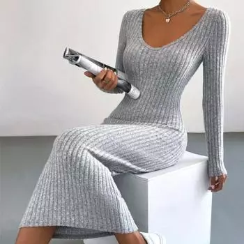 Женское платье осень/зима, однотонное, с V-образным вырезом, длинными рукавами, запахом на бедрах S светло-серый